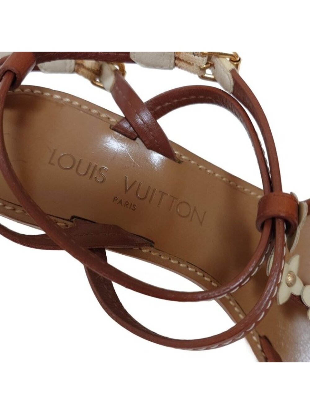 Louis Vuitton Sandals 38 Dark Brown Ivory Wedge Sole Flower Leather - Picture 5 of 7